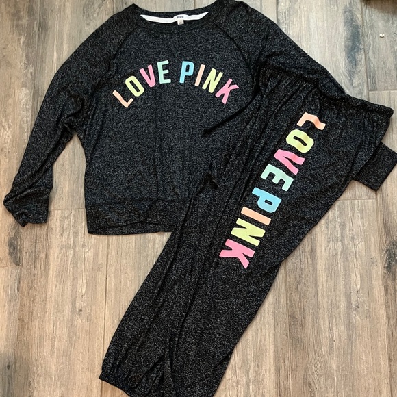 PINK Victoria's Secret Other - 🩷VS Pink cozy htf set rainbow neon logos rare sleep lounge set sz L EUC